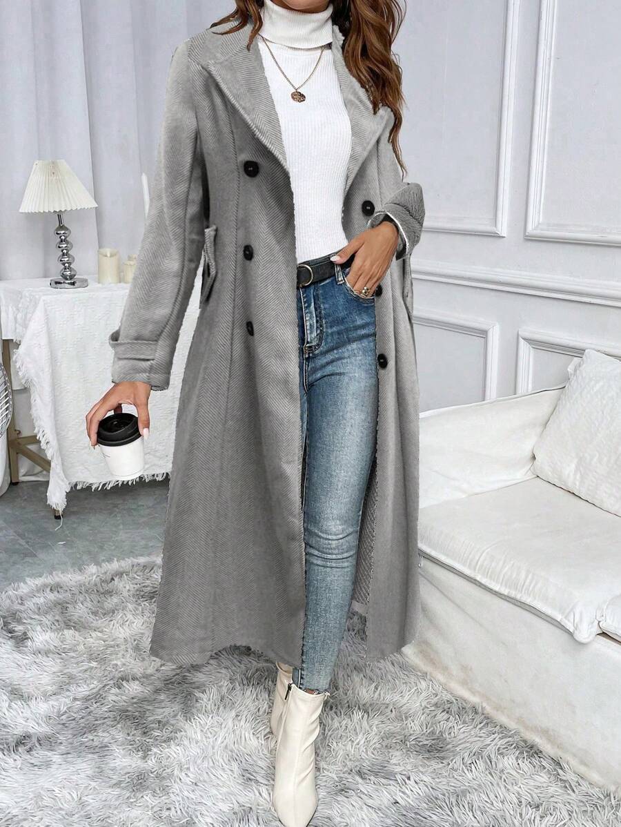 Pariaura Women's Autumn/Winter Herringbone Pattern Lapel Collar Double-Breasted Long Elegant Overcoat Fall Cloth For Women oaklynwear