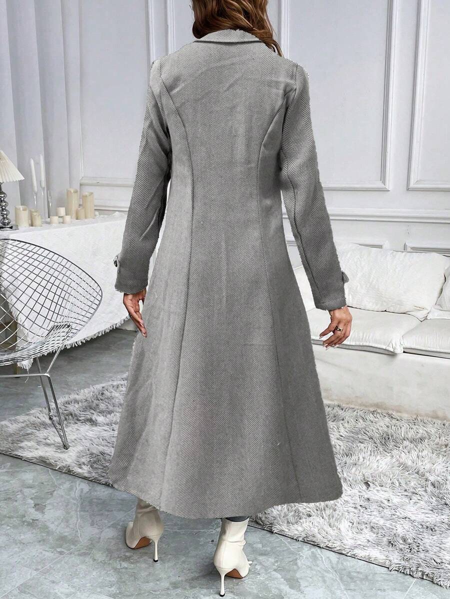 Ella Herringbone Lapel Double-Breasted Long Overcoat, Elegant Winter Coat - view 3