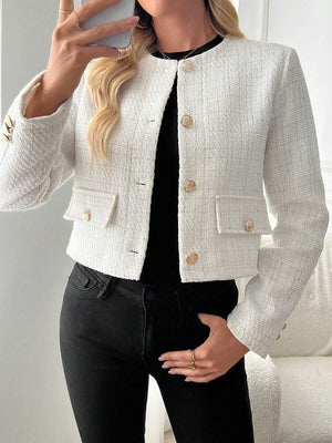 Cecelia | Round Neck Tweed Button Front Jacket, Elegant Cropped Coat oaklynwear