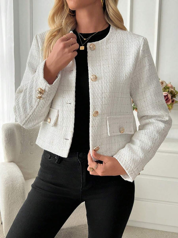 Cecelia | Round Neck Tweed Button Front Jacket, Elegant Cropped Coat oaklynwear