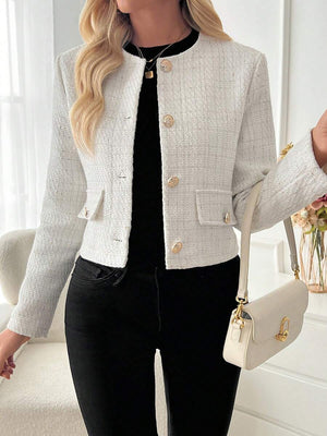 Cecelia | Round Neck Tweed Button Front Jacket, Elegant Cropped Coat oaklynwear