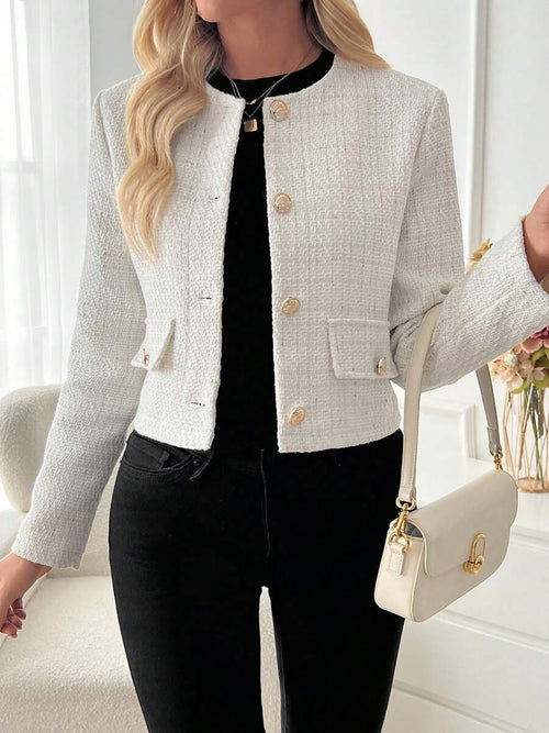 Cecelia | Round Neck Tweed Button Front Jacket, Elegant Cropped Coat oaklynwear