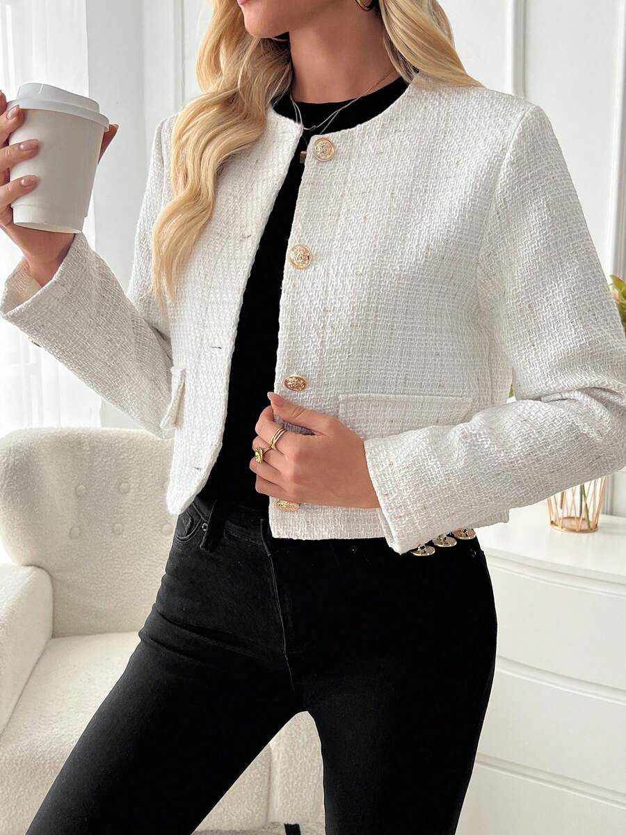 Cora Round Neck Tweed Button Front Jacket - view 5