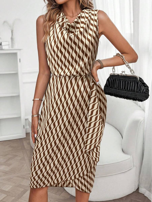 Libby | Geometric Print Cowl Neck Asymmetric Hem Dress