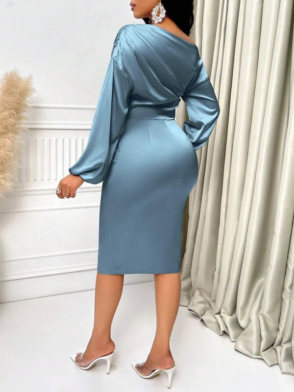 Lottie | Asymmetric Neck Ruched Satin Midi Dress