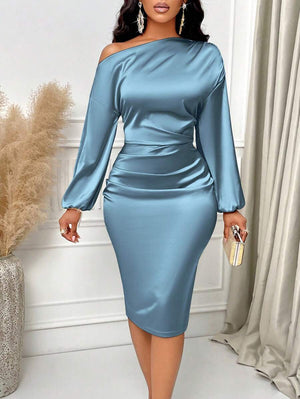 Lottie | Asymmetric Neck Ruched Satin Midi Dress