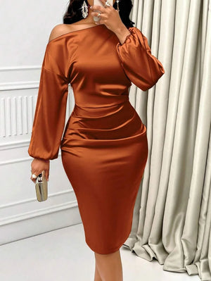 Lottie | Asymmetric Neck Ruched Satin Midi Dress