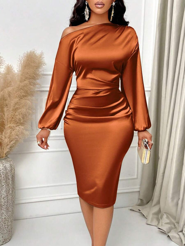Lottie | Asymmetric Neck Ruched Satin Midi Dress