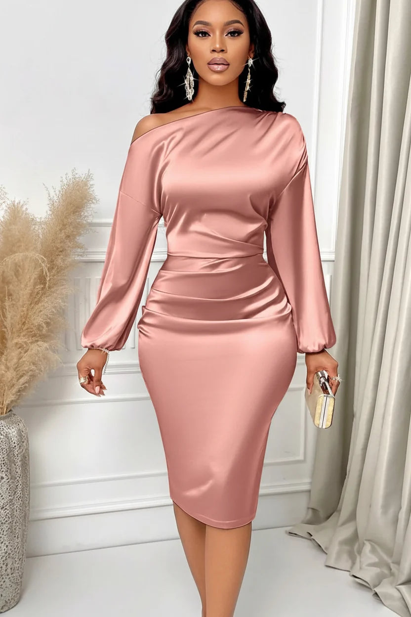 Lottie | Asymmetric Neck Ruched Satin Midi Dress