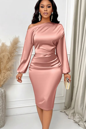 Lottie | Asymmetric Neck Ruched Satin Midi Dress