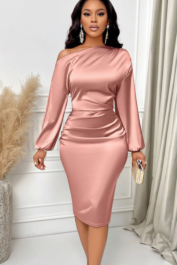 Lottie | Asymmetric Neck Ruched Satin Midi Dress