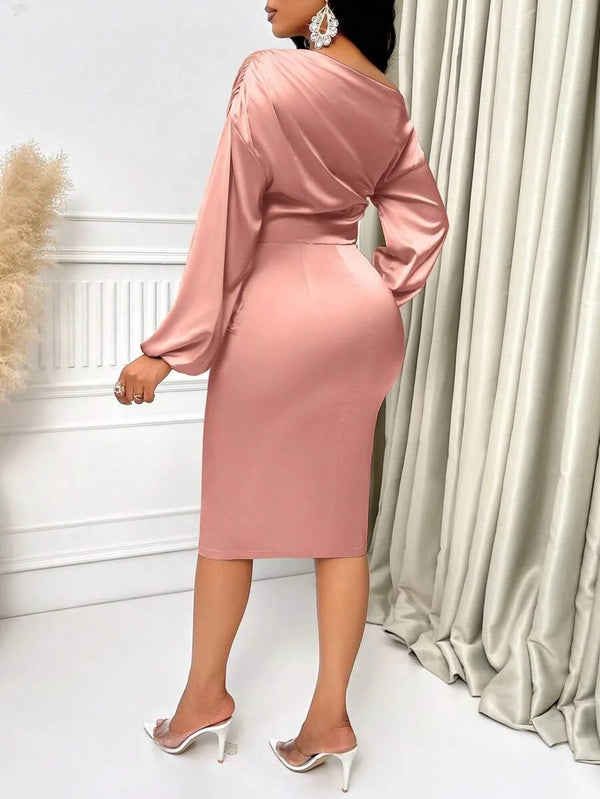 Lottie | Asymmetric Neck Ruched Satin Midi Dress