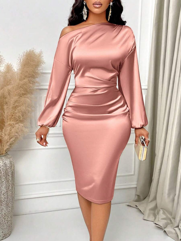 Lottie | Asymmetric Neck Ruched Satin Midi Dress
