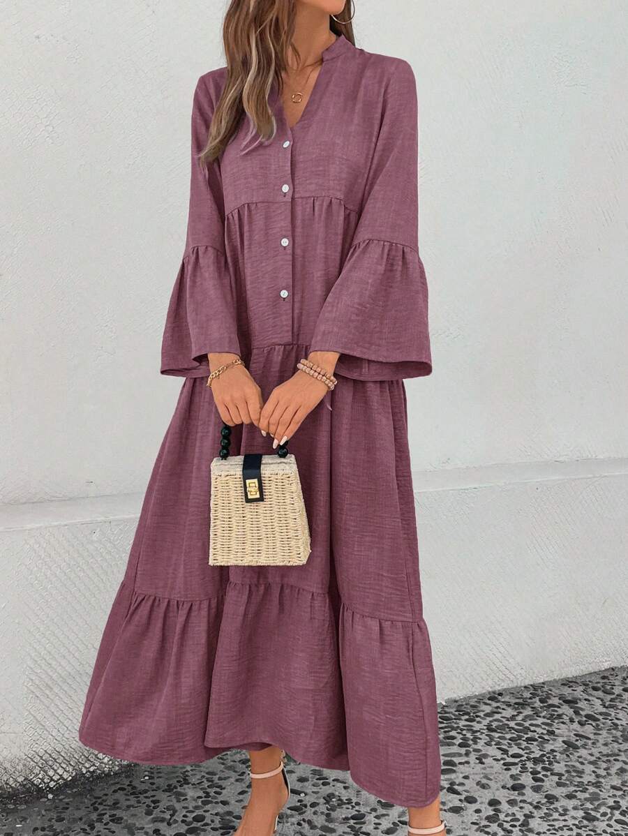 Elsie Notched V-Neck Single-Breasted Tiered Maxi Dress - view 7