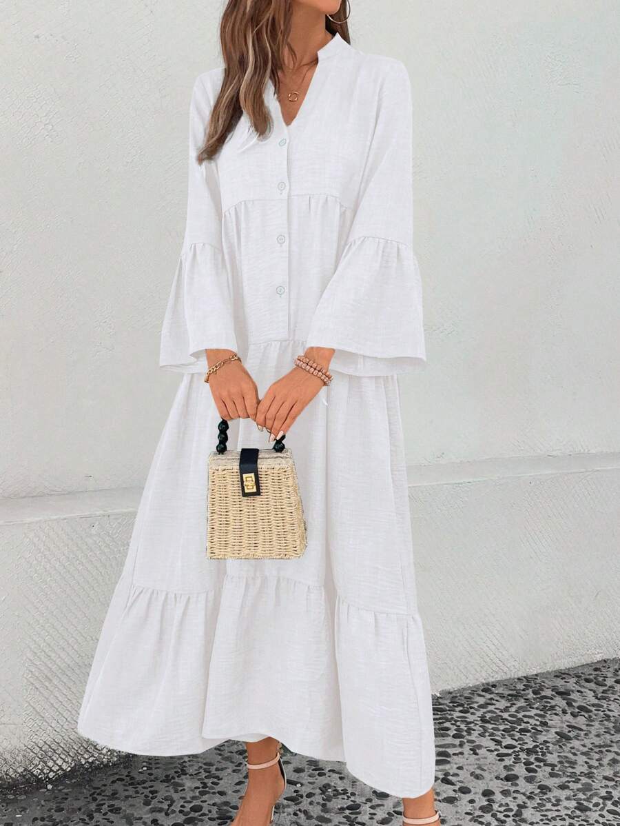 Elsie Notched V-Neck Single-Breasted Tiered Maxi Dress - view 9