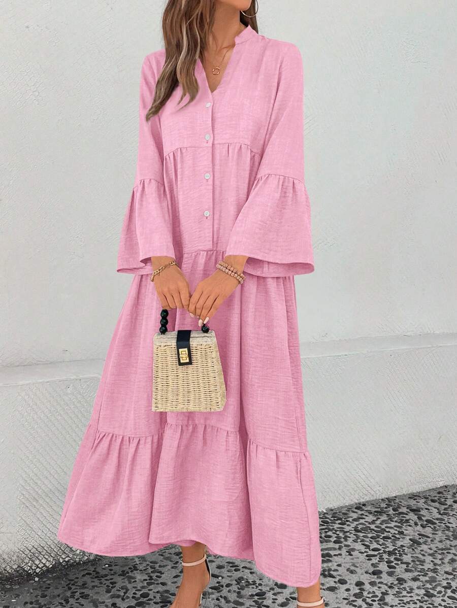 Elsie Notched V-Neck Single-Breasted Tiered Maxi Dress - view 11