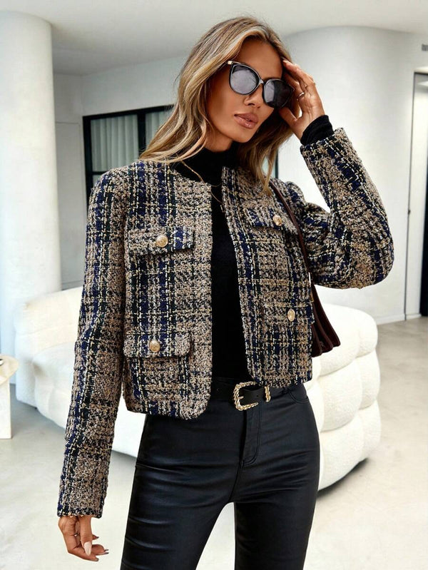 Erin | Plaid Tweed Open Front Jacket with Flap Pockets, Classic Short Coat oaklynwear