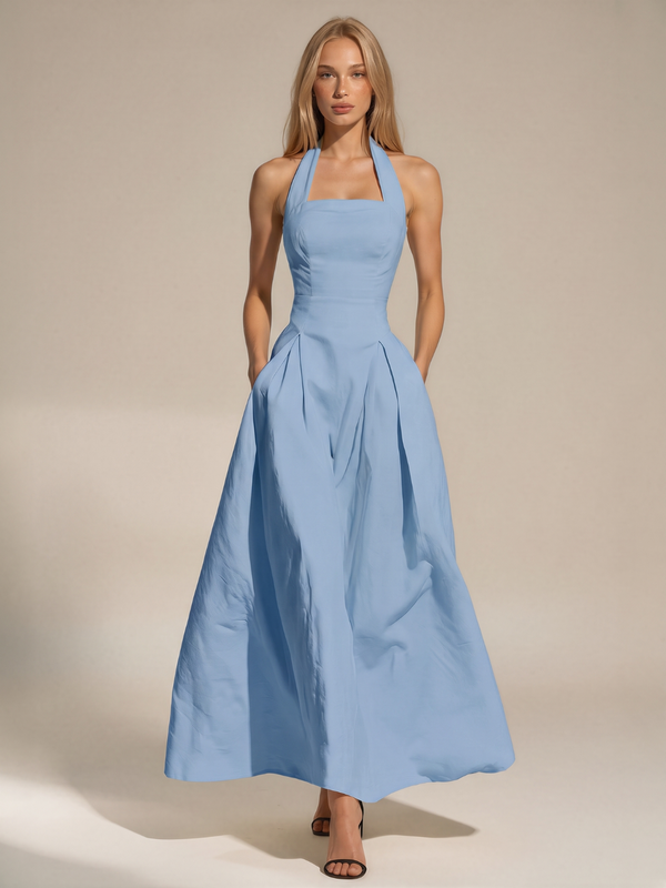 Caitlin | Halter Square Neck Pleated Maxi Dress with Pockets