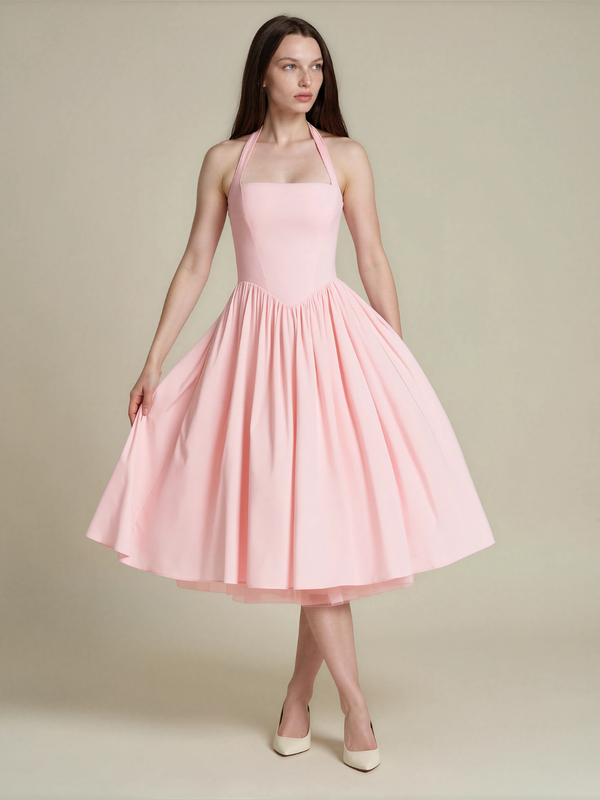 Connie | Halter Square Neck Corset Back Midi Dress with Full Skirt