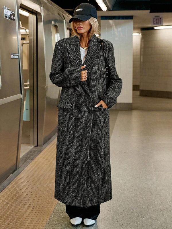 Siren Gaze Women's Autumn/Winter Lapel NeckHerringbone Double-Breasted Long Sleeve Long Casual Overcoat,Fall Brown oaklynwear