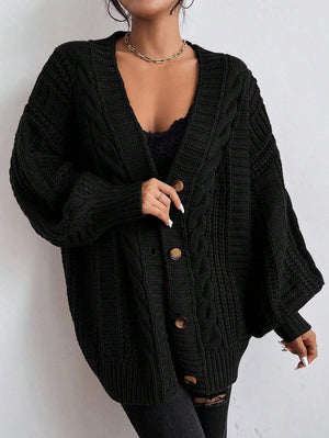 SHEIN Women's Beige Oversized Cable Knit Cardigan,Autumn Everyday Casual Button Front V Neck Bishop Sleeve Solid Plain Long Sleeve Tops oaklynwear