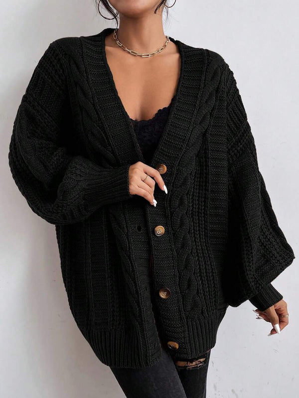 SHEIN Women's Beige Oversized Cable Knit Cardigan,Autumn Everyday Casual Button Front V Neck Bishop Sleeve Solid Plain Long Sleeve Tops oaklynwear