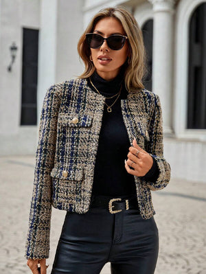 Erin | Plaid Tweed Open Front Jacket with Flap Pockets, Classic Short Coat oaklynwear