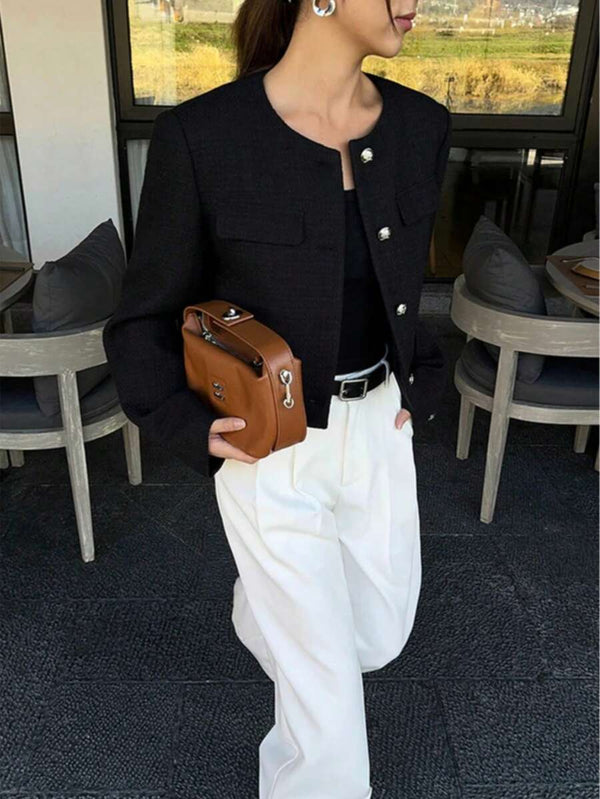 Brynlee | Round Neck Textured Button Front Jacket, Cropped Elegant Coat oaklynwear