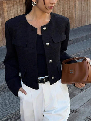 Brynlee | Round Neck Textured Button Front Jacket, Cropped Elegant Coat oaklynwear