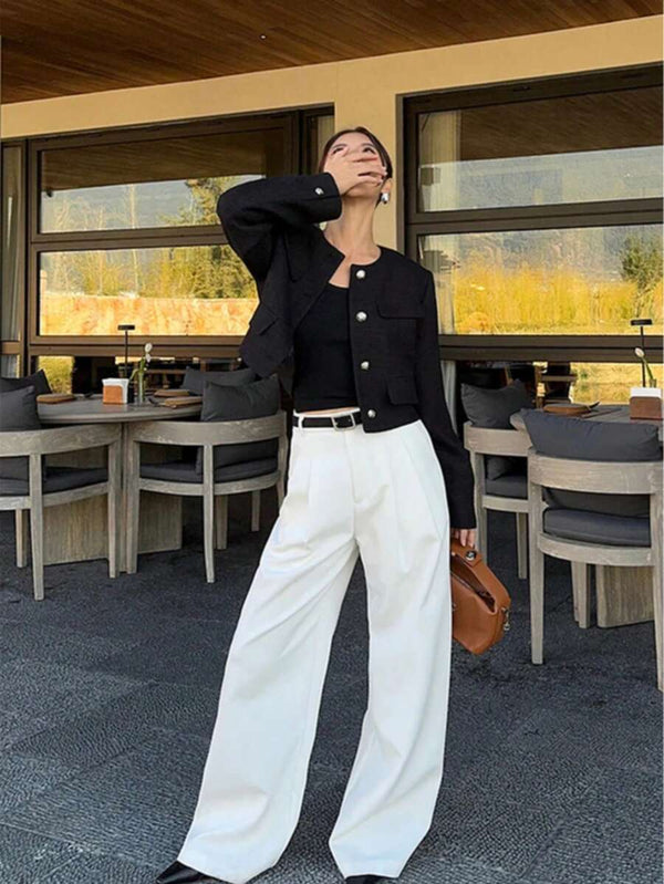 Brynlee | Round Neck Textured Button Front Jacket, Cropped Elegant Coat oaklynwear