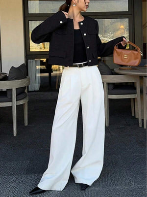 Brynlee | Round Neck Textured Button Front Jacket, Cropped Elegant Coat oaklynwear