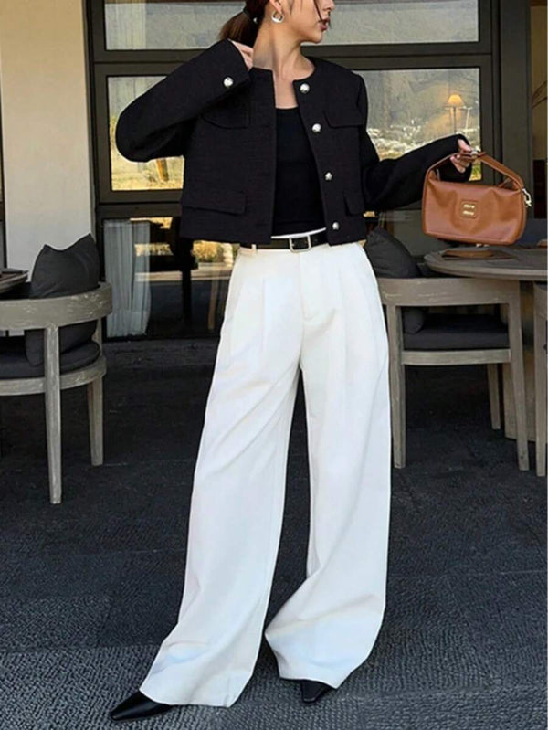 Brynlee | Round Neck Textured Button Front Jacket, Cropped Elegant Coat oaklynwear