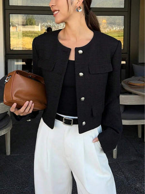Brynlee | Round Neck Textured Button Front Jacket, Cropped Elegant Coat oaklynwear