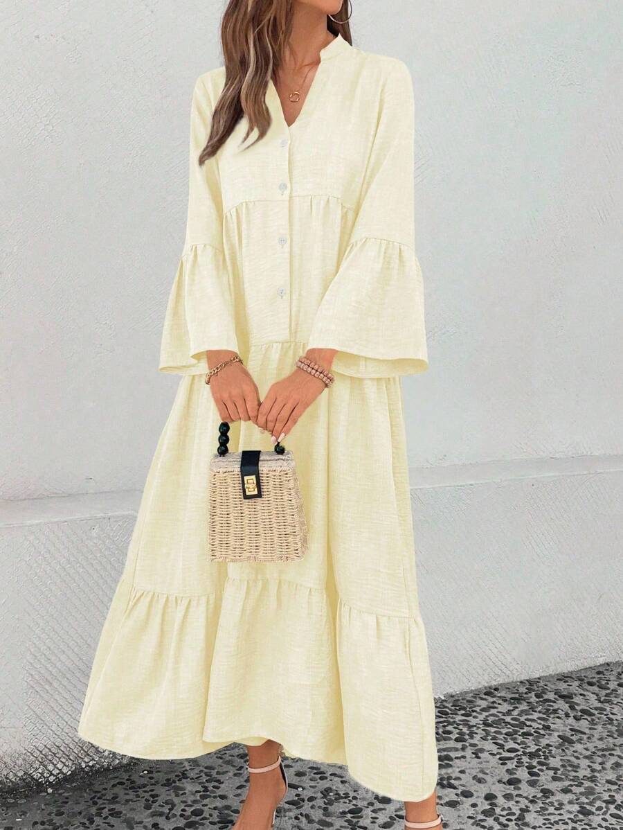 Elsie Notched V-Neck Single-Breasted Tiered Maxi Dress - view 10