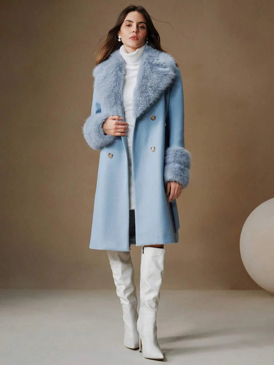 Junie Faux Fur Collar Double-Breasted Midi Coat - front view