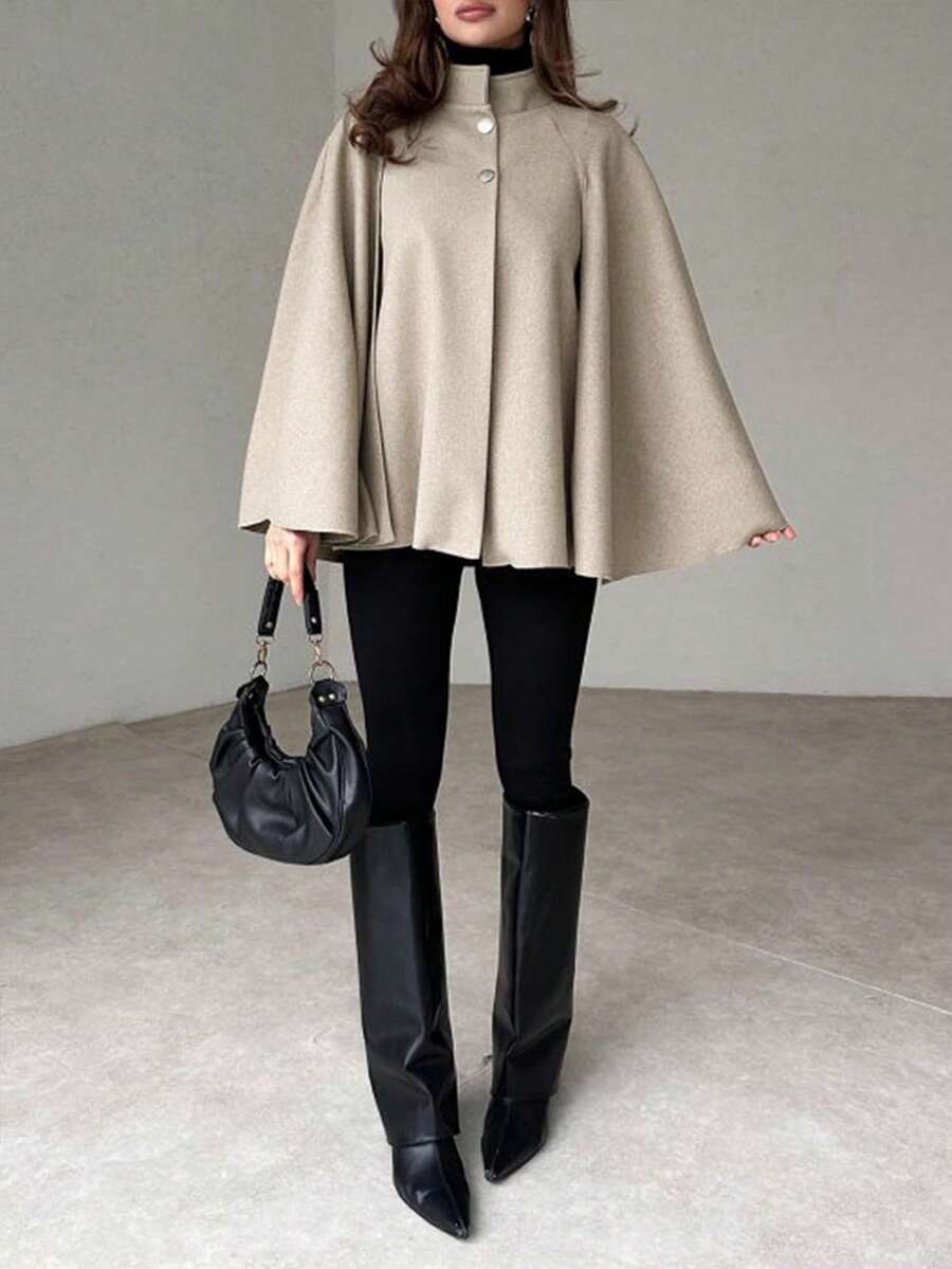 Hazel Cape Sleeve Stand Collar Overcoat - front view