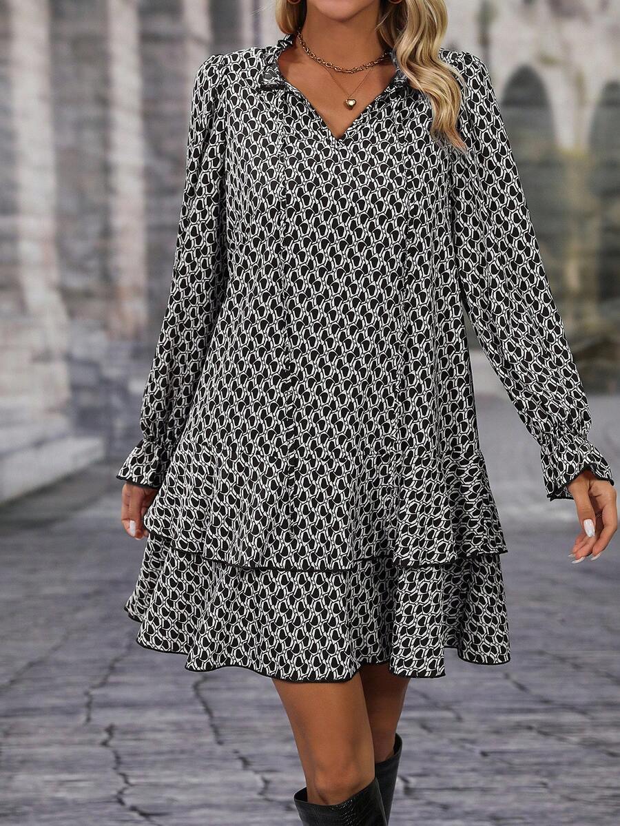 Bex Tie-Neck Flare Sleeve Ruffle Hem Smock Dress - view 9