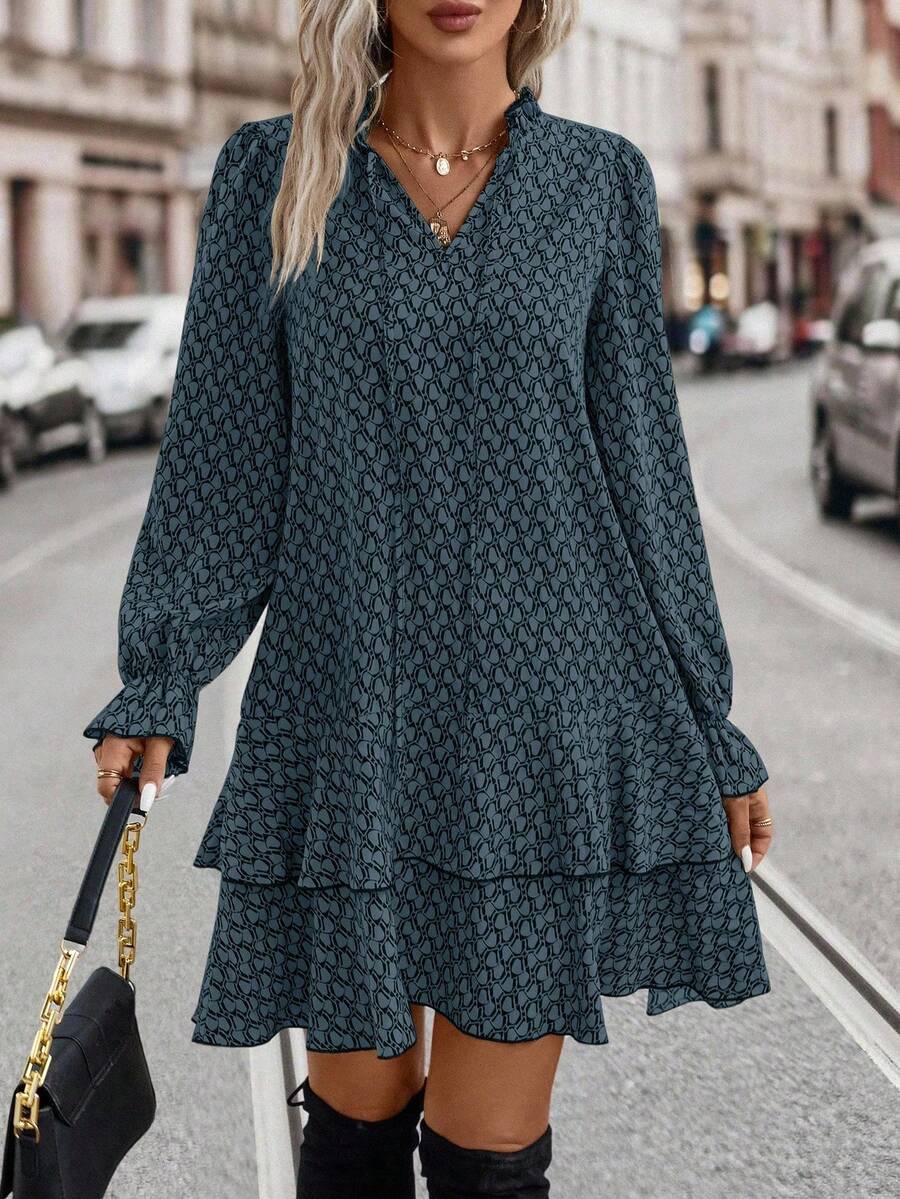 Bex Tie-Neck Flare Sleeve Ruffle Hem Smock Dress - view 8