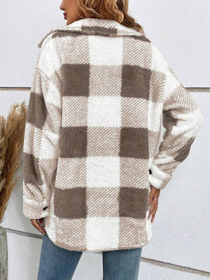 Brown And White Checked Single-Breasted Lapel Long-Sleeved Loose Plush Coats Warm And Slouchy Style Jacket For Daily Commuting In Autumn Winter Casual oaklynwear