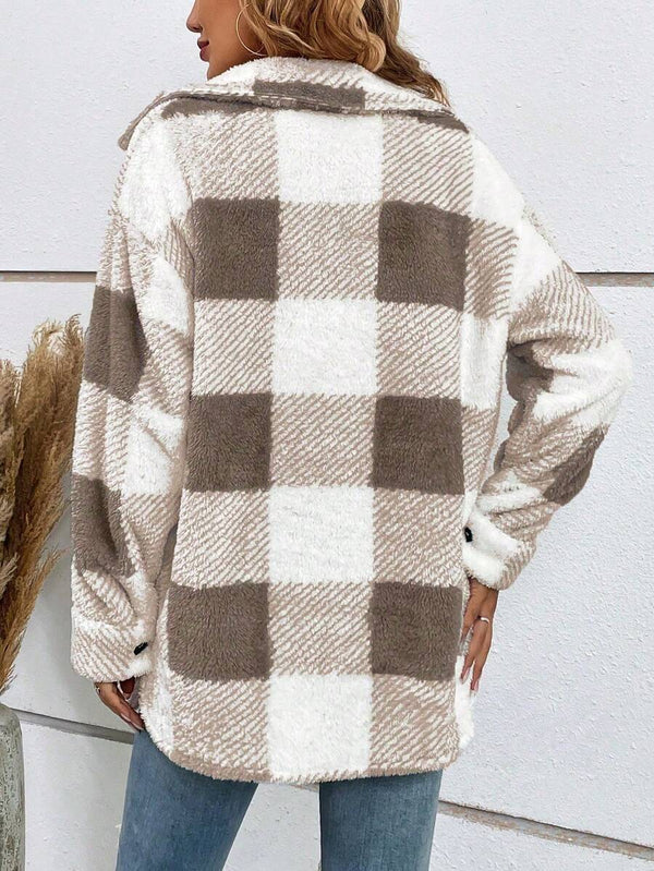 Brown And White Checked Single-Breasted Lapel Long-Sleeved Loose Plush Coats Warm And Slouchy Style Jacket For Daily Commuting In Autumn Winter Casual oaklynwear