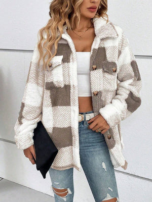 Brown And White Checked Single-Breasted Lapel Long-Sleeved Loose Plush Coats Warm And Slouchy Style Jacket For Daily Commuting In Autumn Winter Casual oaklynwear
