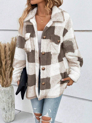Brown And White Checked Single-Breasted Lapel Long-Sleeved Loose Plush Coats Warm And Slouchy Style Jacket For Daily Commuting In Autumn Winter Casual oaklynwear