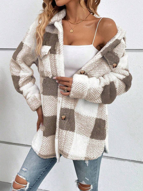 Brown And White Checked Single-Breasted Lapel Long-Sleeved Loose Plush Coats Warm And Slouchy Style Jacket For Daily Commuting In Autumn Winter Casual oaklynwear