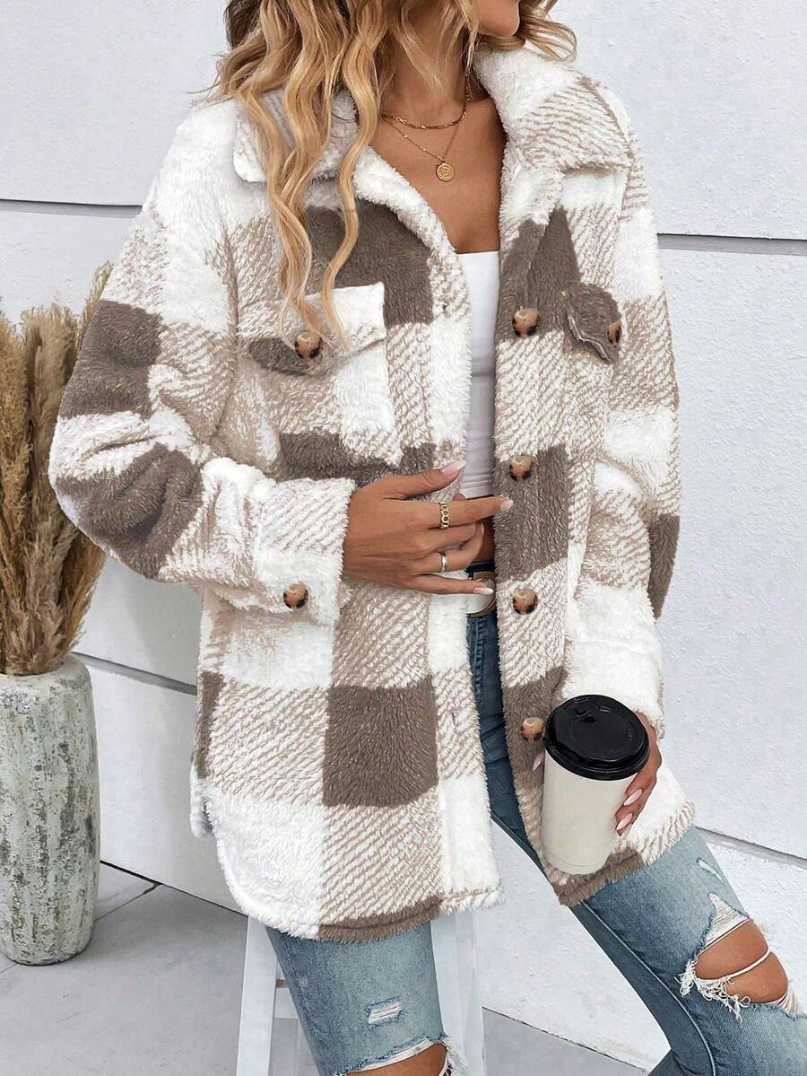 Brown And White Checked Single-Breasted Lapel Long-Sleeved Loose Plush Coats Warm And Slouchy Style Jacket For Daily Commuting In Autumn Winter Casual oaklynwear