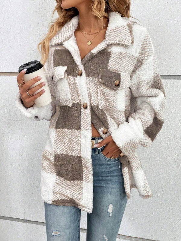 Brown And White Checked Single-Breasted Lapel Long-Sleeved Loose Plush Coats Warm And Slouchy Style Jacket For Daily Commuting In Autumn Winter Casual oaklynwear