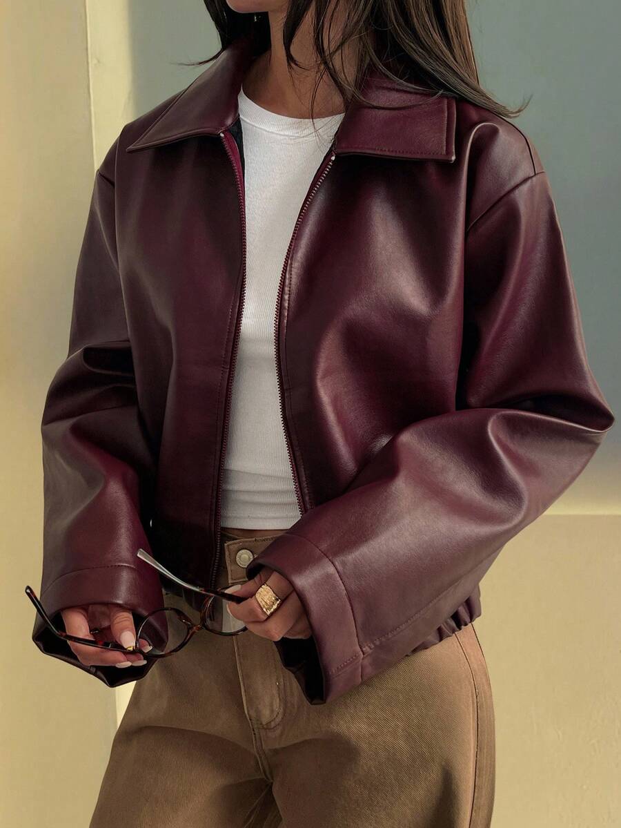 Lettie Faux Leather Zip Front Jacket - front view