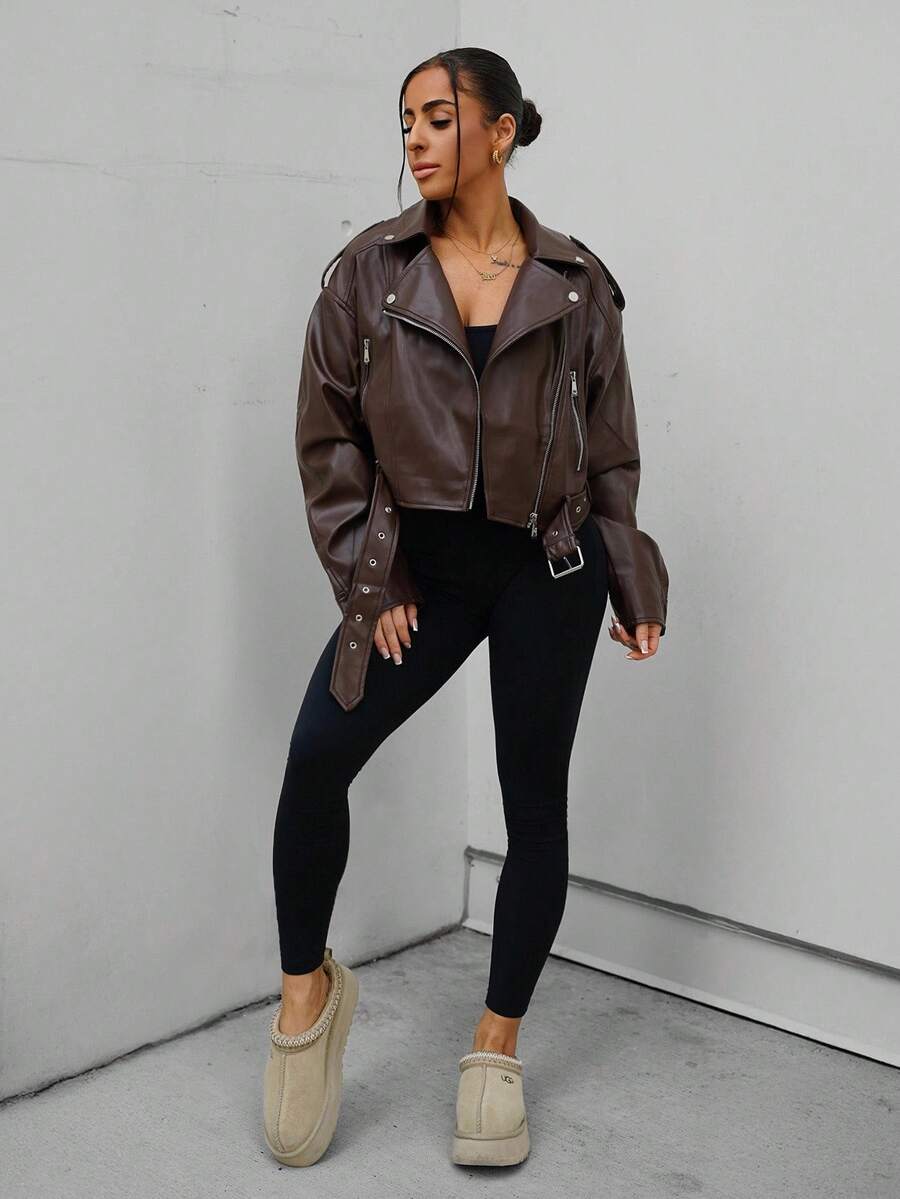 Lark Belted Faux Leather Moto Jacket - front view