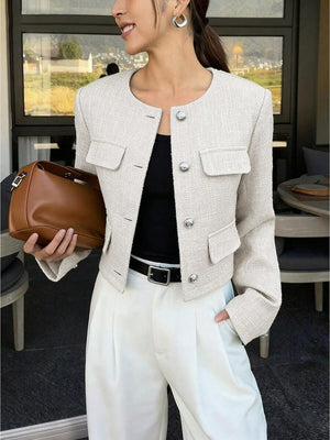 Brynlee | Round Neck Textured Button Front Jacket, Cropped Elegant Coat oaklynwear