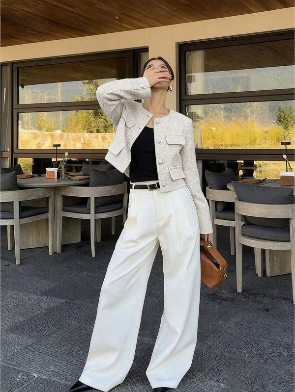 Brynlee | Round Neck Textured Button Front Jacket, Cropped Elegant Coat oaklynwear