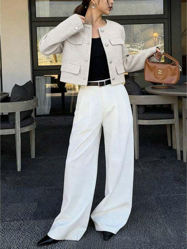 Brynlee | Round Neck Textured Button Front Jacket, Cropped Elegant Coat oaklynwear
